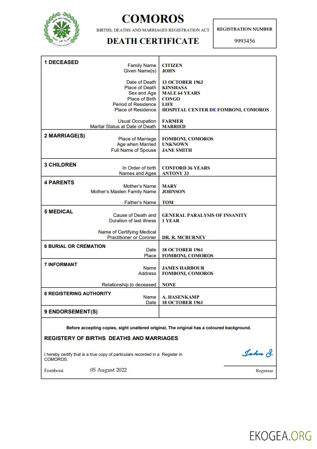 Modèle Word et PDF de certificat de décès de l'état civil des Comores